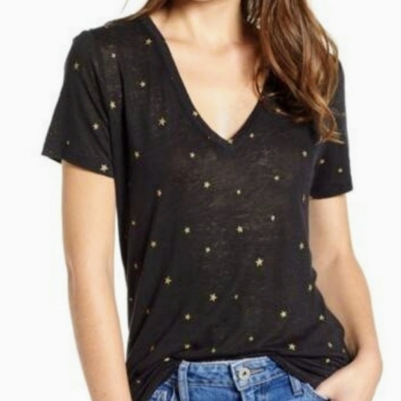 Rails Tee Linen Blend Star Print V-Neck Short Sleeve Semi Sheer Navy White M NWT - Picture 2 of 11